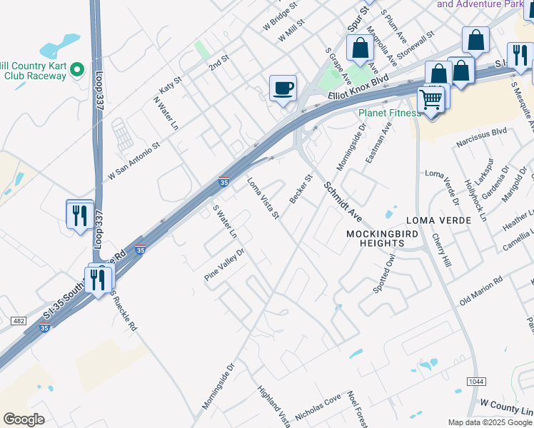 map of restaurants, bars, coffee shops, grocery stores, and more near 250 Loma Vista Street in New Braunfels