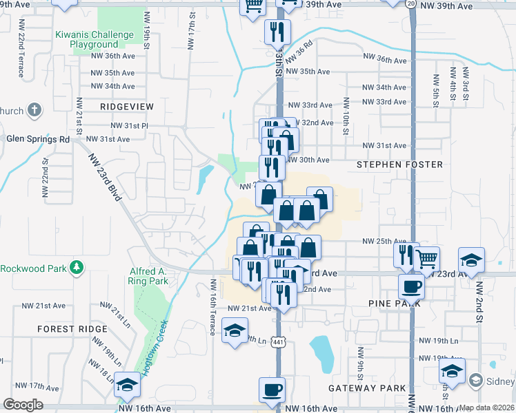 map of restaurants, bars, coffee shops, grocery stores, and more near 2620 Northwest 13th Street in Gainesville
