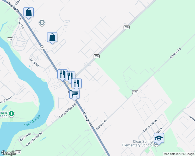 map of restaurants, bars, coffee shops, grocery stores, and more near 1405 Catfish Rapids in New Braunfels