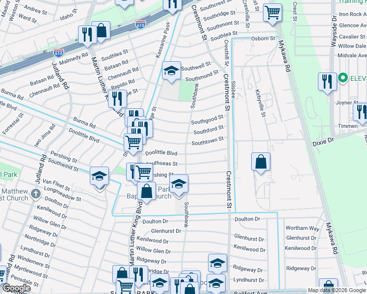 map of restaurants, bars, coffee shops, grocery stores, and more near 5874 Southtown Street in Houston