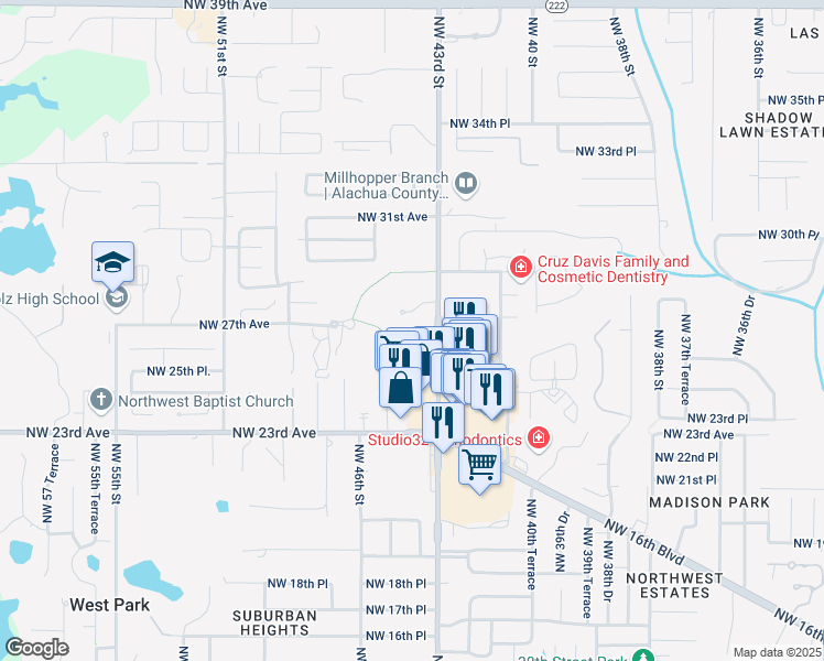 map of restaurants, bars, coffee shops, grocery stores, and more near 2632 Northwest 43rd Street in Gainesville