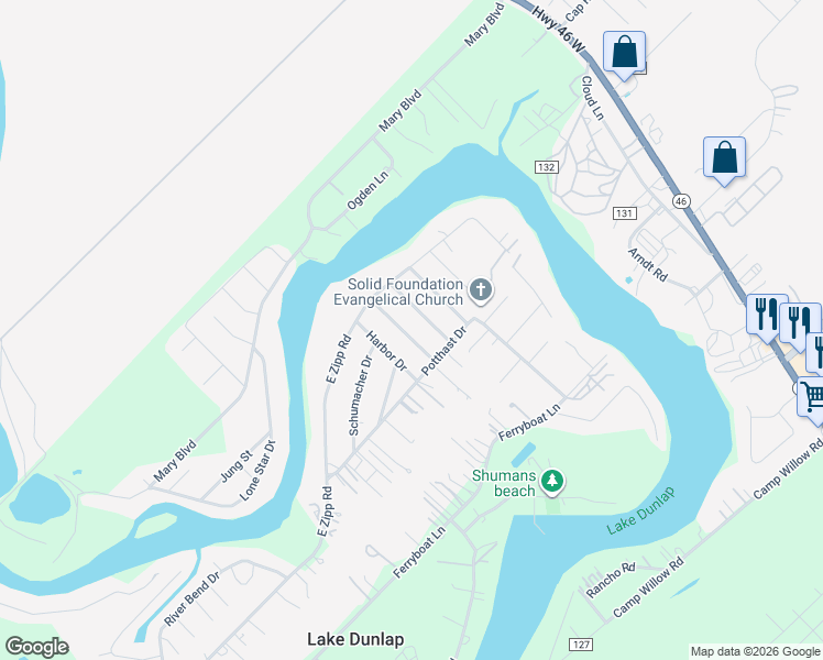 map of restaurants, bars, coffee shops, grocery stores, and more near 145 Timber Lane in New Braunfels