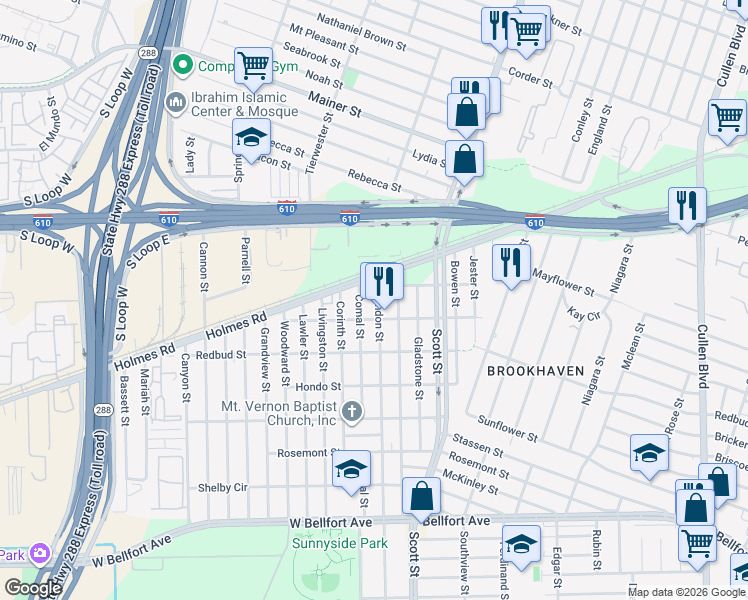 map of restaurants, bars, coffee shops, grocery stores, and more near 7824 Brandon Street in Houston