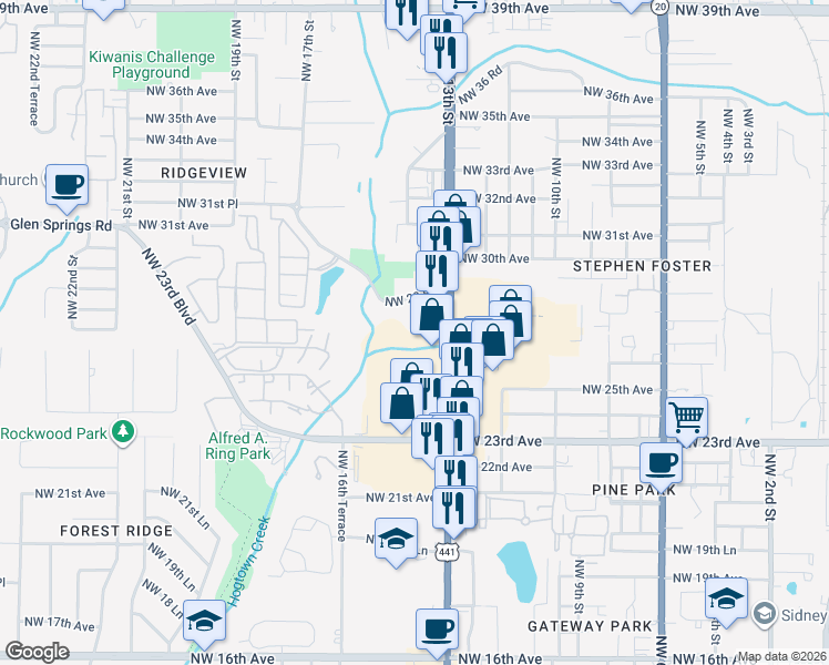 map of restaurants, bars, coffee shops, grocery stores, and more near 2620 Northwest 13th Street in Gainesville