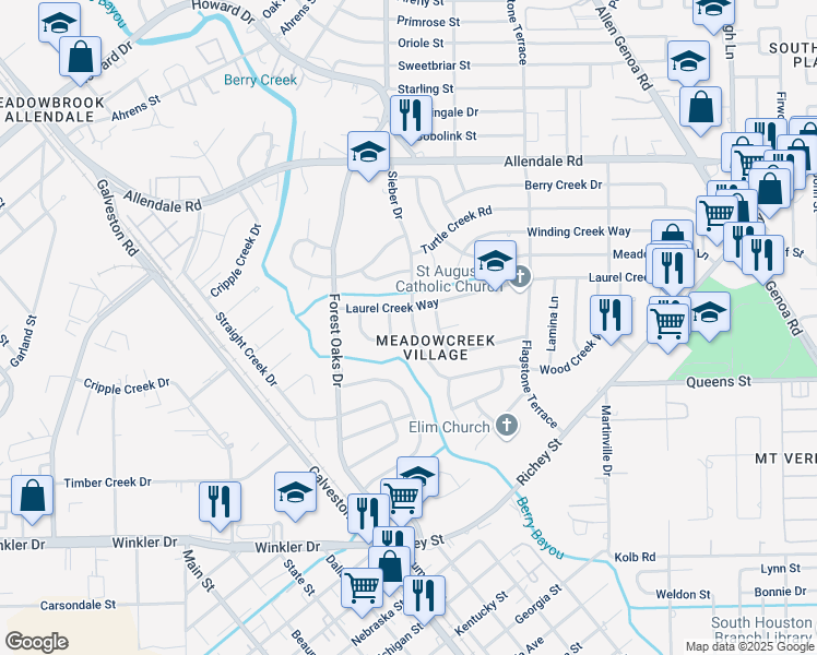 map of restaurants, bars, coffee shops, grocery stores, and more near 2114 Sieber Drive in Houston