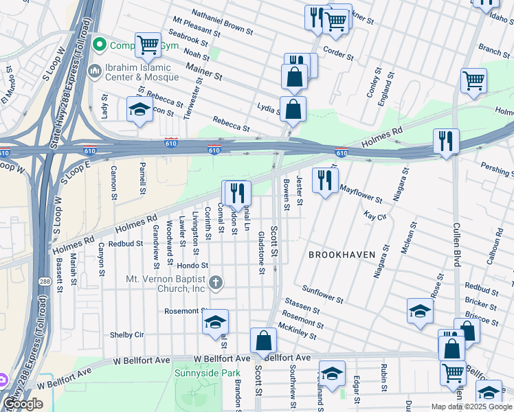 map of restaurants, bars, coffee shops, grocery stores, and more near 7825 Colonial Lane in Houston