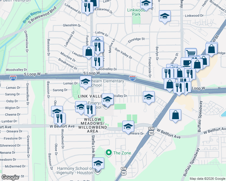 map of restaurants, bars, coffee shops, grocery stores, and more near 9710 Marlive Lane in Houston