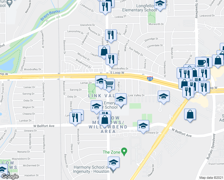 map of restaurants, bars, coffee shops, grocery stores, and more near 9701 Stella Link Road in Houston