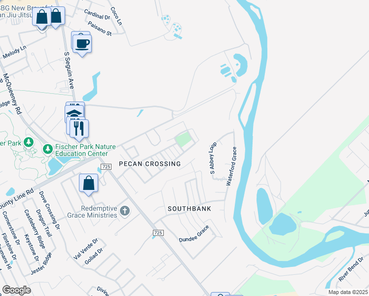 map of restaurants, bars, coffee shops, grocery stores, and more near 459 Pecan Meadows in New Braunfels