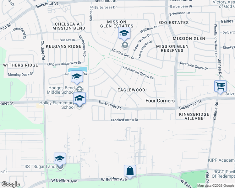 map of restaurants, bars, coffee shops, grocery stores, and more near 16319 Eaglewood Shadows Drive in Houston
