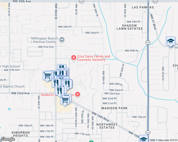 map of restaurants, bars, coffee shops, grocery stores, and more near 4048 Northwest 23rd Circle in Gainesville