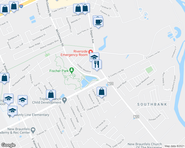 map of restaurants, bars, coffee shops, grocery stores, and more near 350 Serene Meadow in New Braunfels
