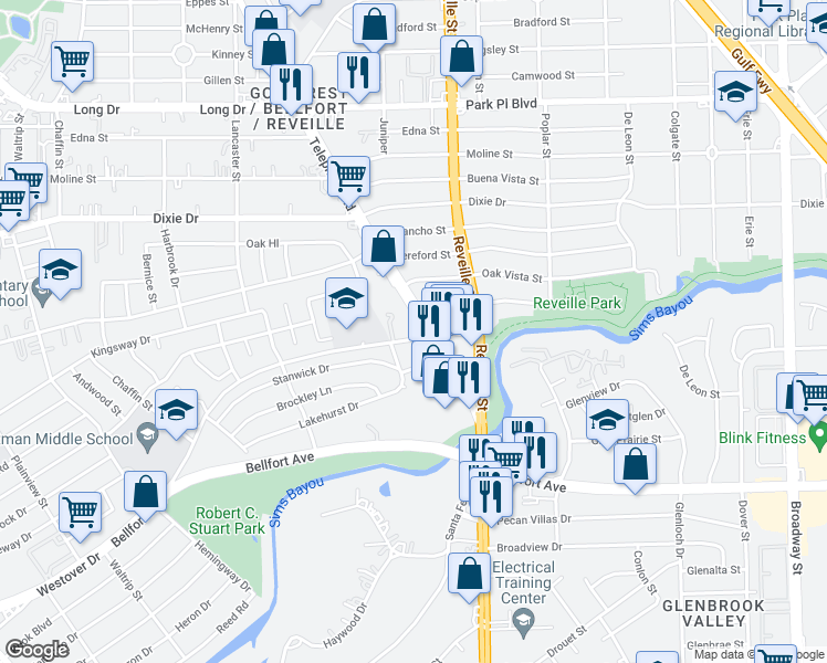 map of restaurants, bars, coffee shops, grocery stores, and more near 7477 Westover Street in Houston