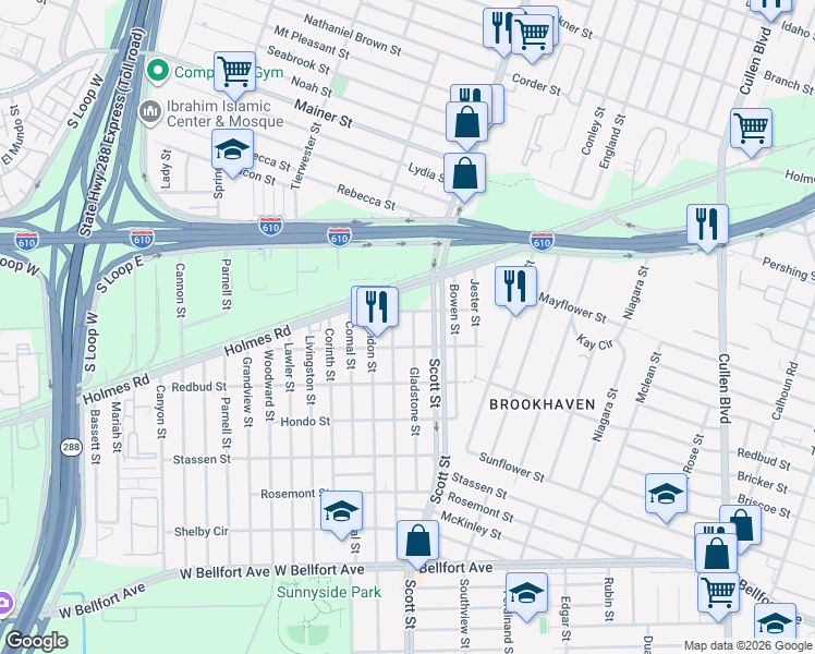 map of restaurants, bars, coffee shops, grocery stores, and more near 7814 Gladstone Street in Houston
