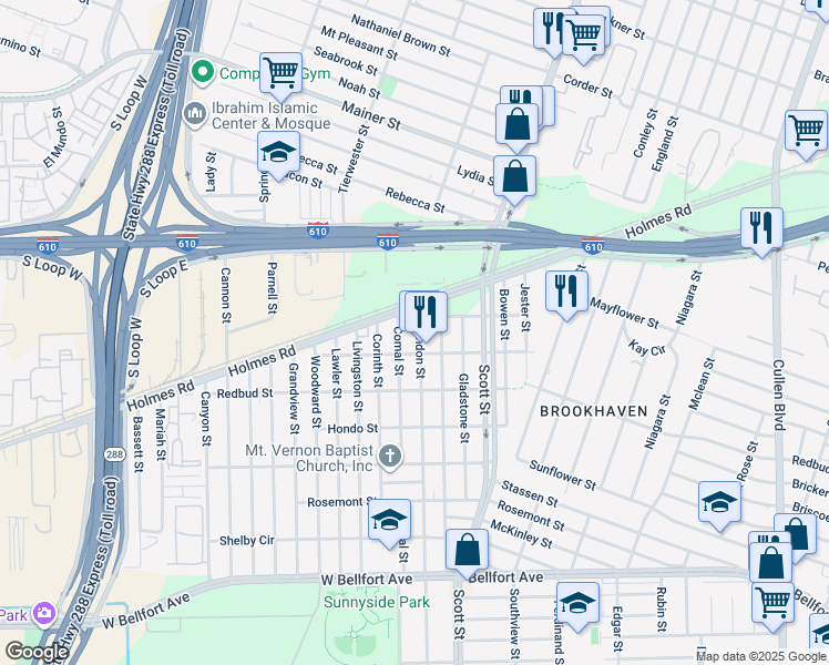map of restaurants, bars, coffee shops, grocery stores, and more near 7824 Brandon Street in Houston