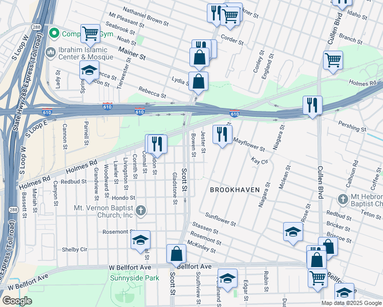 map of restaurants, bars, coffee shops, grocery stores, and more near 7806 Bowen Street in Houston