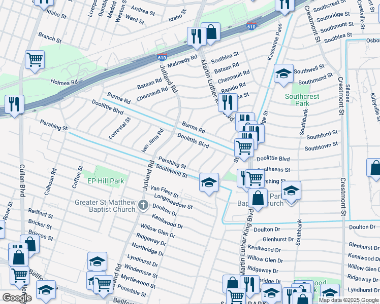 map of restaurants, bars, coffee shops, grocery stores, and more near 7323 Le Havre Road in Houston