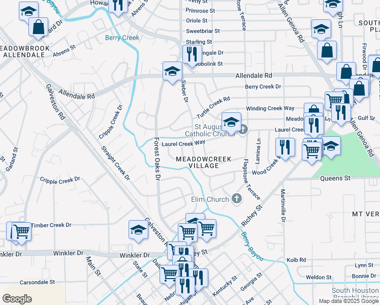 map of restaurants, bars, coffee shops, grocery stores, and more near 2114 Sieber Drive in Houston