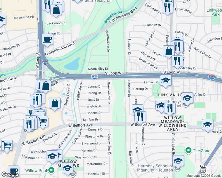 map of restaurants, bars, coffee shops, grocery stores, and more near 4306 Sarong Drive in Houston