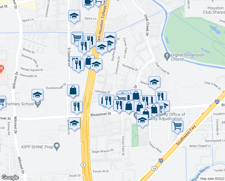map of restaurants, bars, coffee shops, grocery stores, and more near 2301 Lansdale Drive in Houston