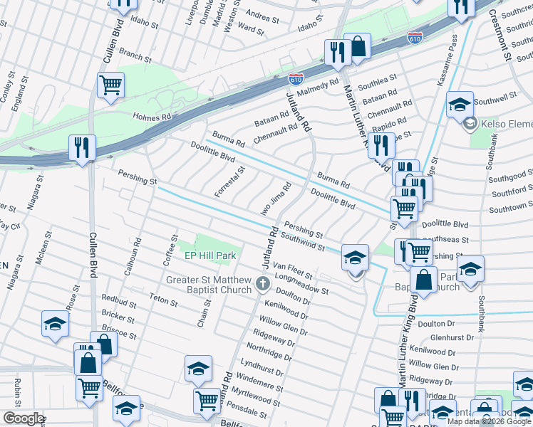 map of restaurants, bars, coffee shops, grocery stores, and more near 5038 Pershing Street in Houston
