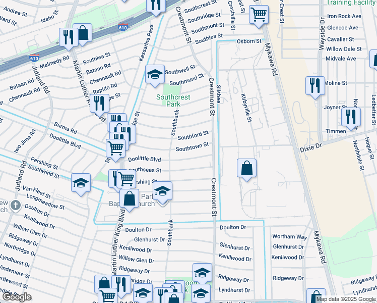 map of restaurants, bars, coffee shops, grocery stores, and more near 5930 Southtown Street in Houston