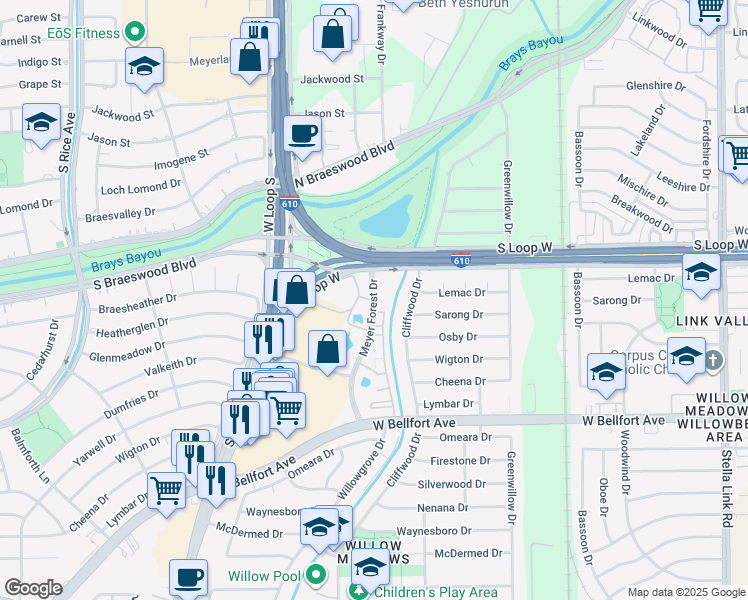 map of restaurants, bars, coffee shops, grocery stores, and more near 9599 Meyer Forest Drive in Houston