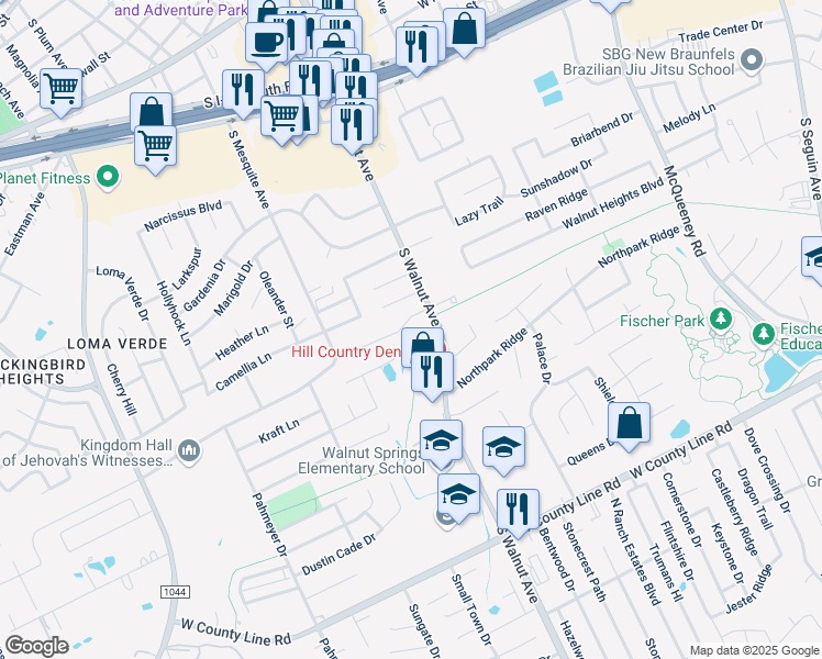 map of restaurants, bars, coffee shops, grocery stores, and more near 1147 Legacy Drive in New Braunfels