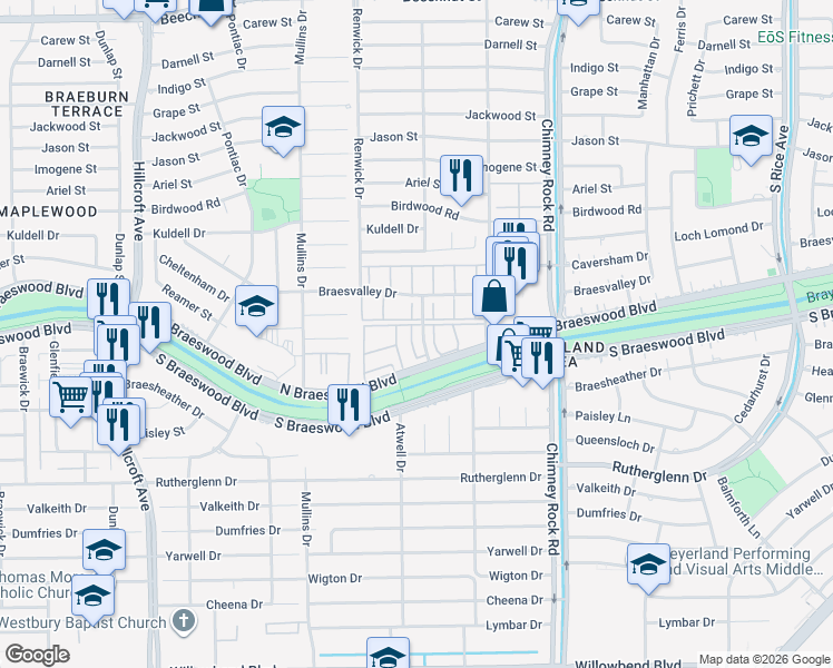 map of restaurants, bars, coffee shops, grocery stores, and more near 5500 North Braeswood Boulevard in Houston