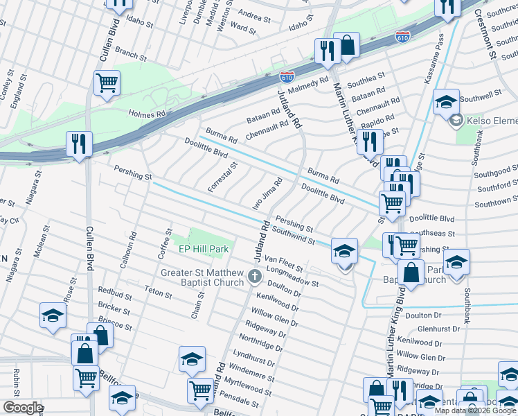 map of restaurants, bars, coffee shops, grocery stores, and more near 5038 Pershing Street in Houston