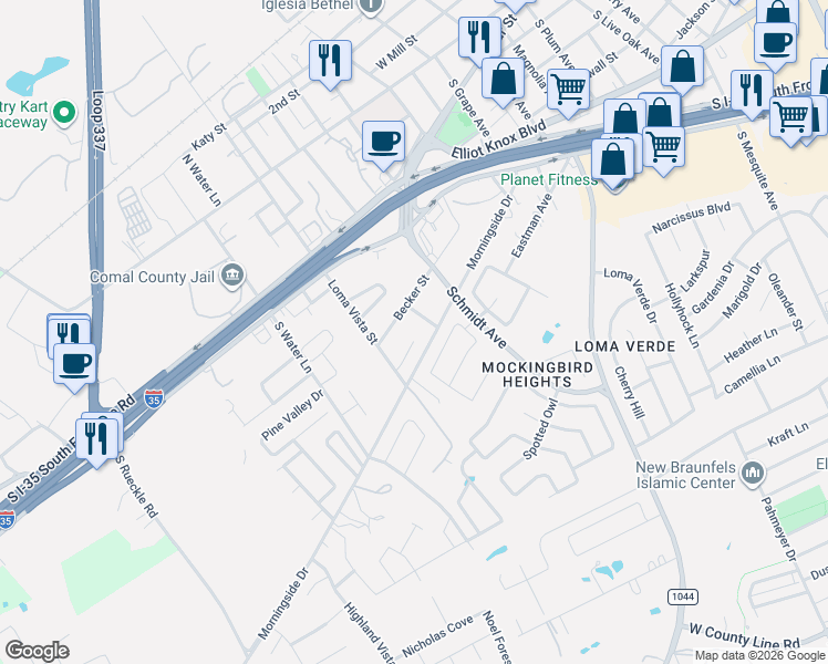 map of restaurants, bars, coffee shops, grocery stores, and more near 2732 Scarlet Tanger in New Braunfels