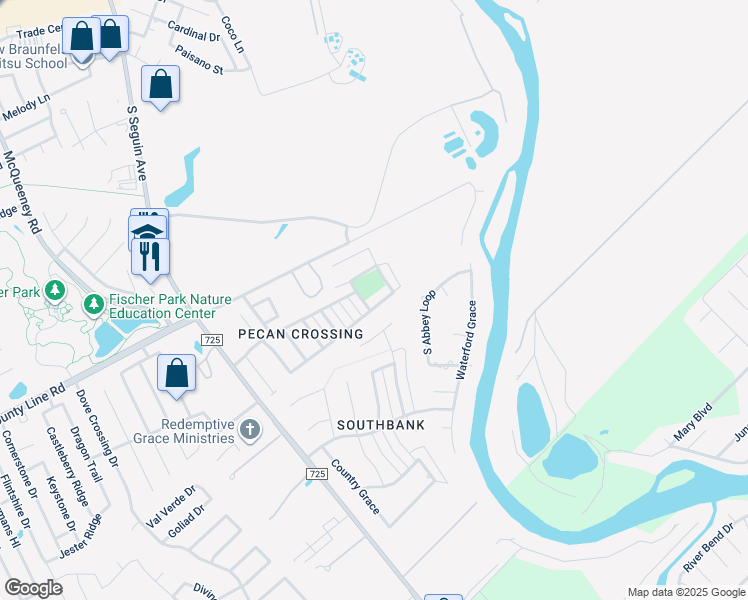 map of restaurants, bars, coffee shops, grocery stores, and more near 463 Pecan Meadows in New Braunfels