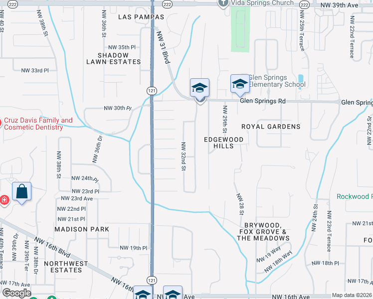 map of restaurants, bars, coffee shops, grocery stores, and more near 2717 Northwest 32nd Street in Gainesville