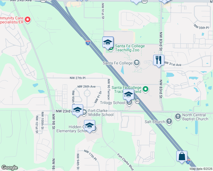 map of restaurants, bars, coffee shops, grocery stores, and more near 2620 Northwest 90 Terrace in Gainesville