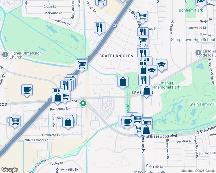 map of restaurants, bars, coffee shops, grocery stores, and more near 8915 Altamont Drive in Houston