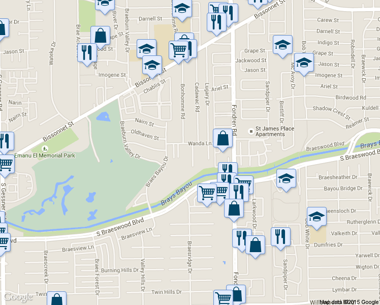 map of restaurants, bars, coffee shops, grocery stores, and more near 7 Tree Frog Drive in Houston