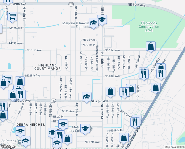map of restaurants, bars, coffee shops, grocery stores, and more near 1343 Northeast 28th Avenue in Gainesville