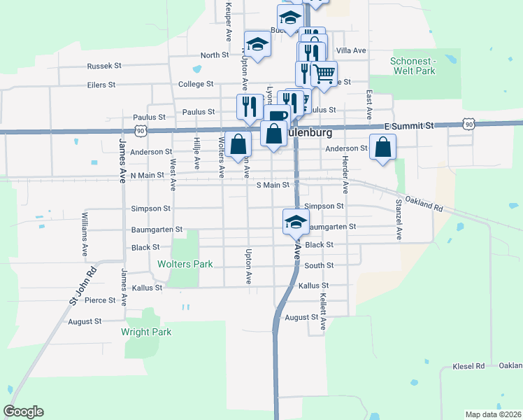map of restaurants, bars, coffee shops, grocery stores, and more near 906 Upton Avenue in Schulenburg