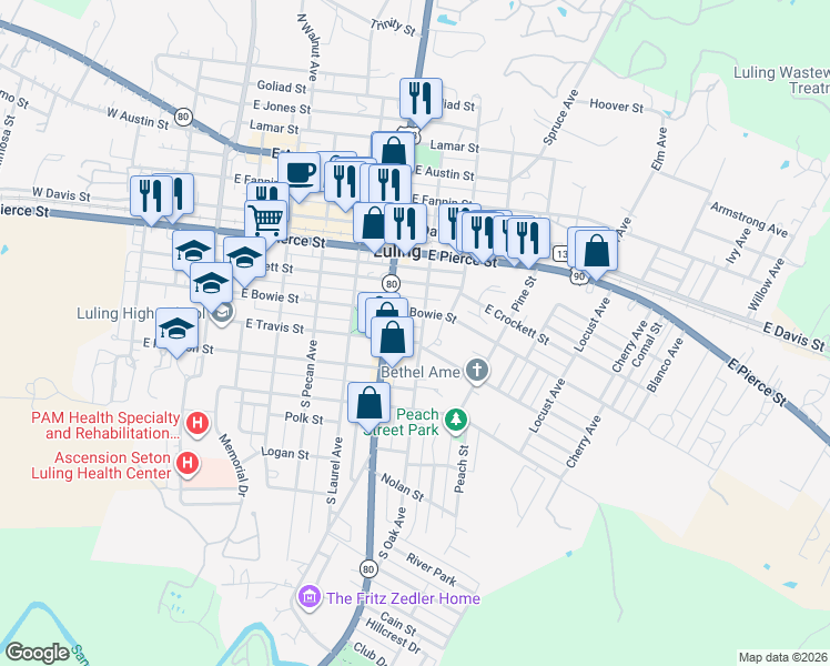 map of restaurants, bars, coffee shops, grocery stores, and more near 709 East Travis Street in Luling
