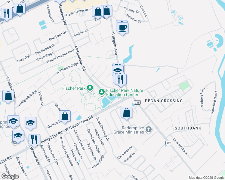 map of restaurants, bars, coffee shops, grocery stores, and more near 350 Serene Meadow in New Braunfels