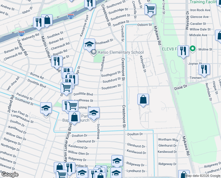map of restaurants, bars, coffee shops, grocery stores, and more near 5930 Southtown Street in Houston