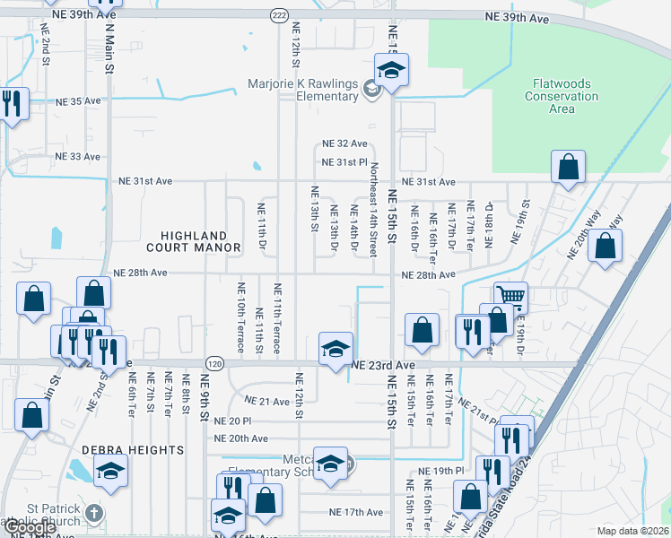 map of restaurants, bars, coffee shops, grocery stores, and more near 1343 Northeast 28th Avenue in Gainesville