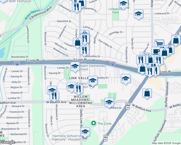 map of restaurants, bars, coffee shops, grocery stores, and more near 9710 Marlive Lane in Houston