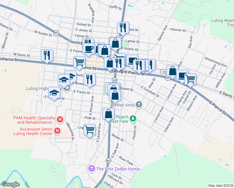 map of restaurants, bars, coffee shops, grocery stores, and more near 709 East Travis Street in Luling
