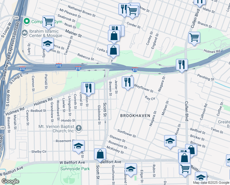 map of restaurants, bars, coffee shops, grocery stores, and more near 7811 Jester Street in Houston
