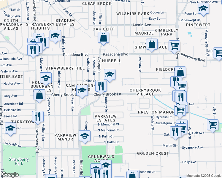 map of restaurants, bars, coffee shops, grocery stores, and more near 2121 Cherry Brook Lane in Pasadena