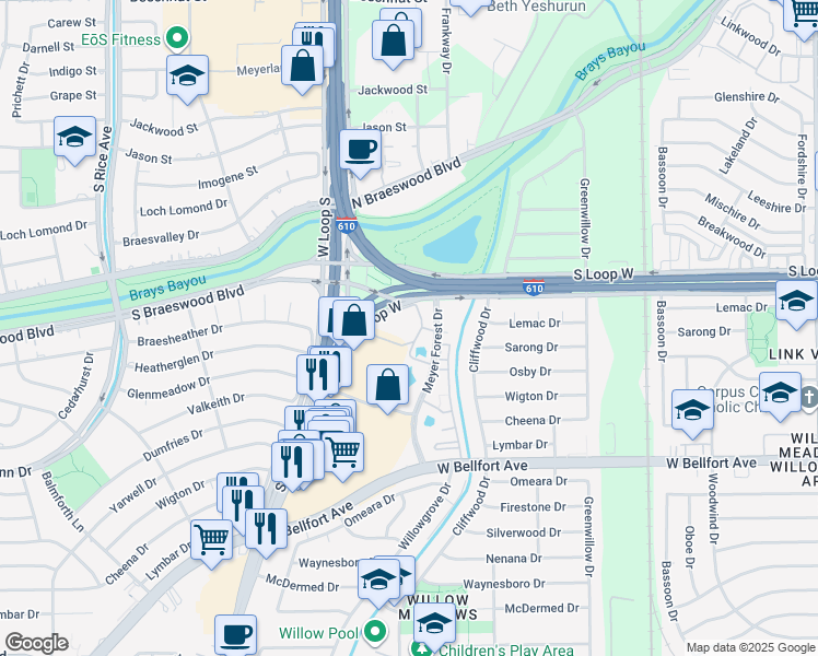 map of restaurants, bars, coffee shops, grocery stores, and more near 9550 Meyer Forest Drive in Houston