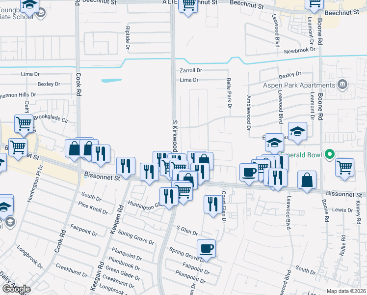 map of restaurants, bars, coffee shops, grocery stores, and more near 11815 Glenwolde Drive in Houston
