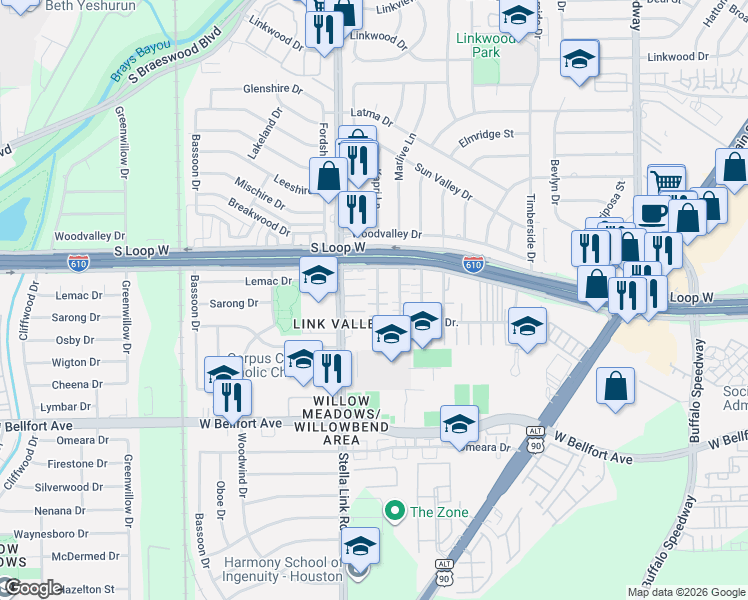 map of restaurants, bars, coffee shops, grocery stores, and more near 3807 Summa Place in Houston