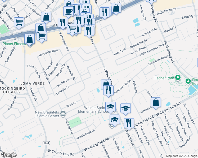 map of restaurants, bars, coffee shops, grocery stores, and more near 1188 Legacy Drive in New Braunfels
